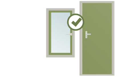 Een gesloten raam en een gesloten deur met een groen vinkje (goed)